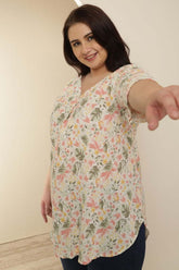Plus Size Floral Print V Neck Cotton Top