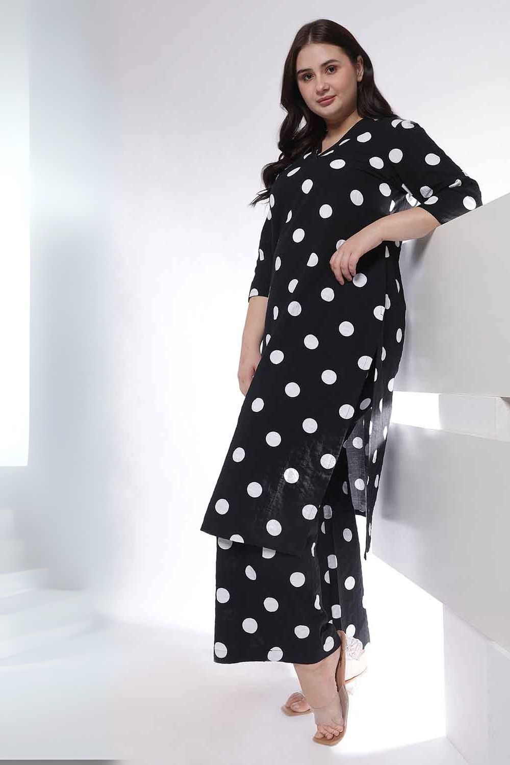 Plus Size Plus Size Black Polka Print Kurta Coord Set