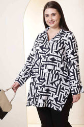 Plus Size Black & White Geometric Print High Slit Styled Cuff Cotton Shirt
