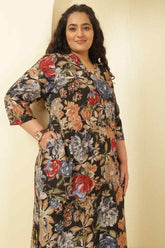 Plus Size Elegant Black Floral Print V-Neck Rayon Muslin Kurta