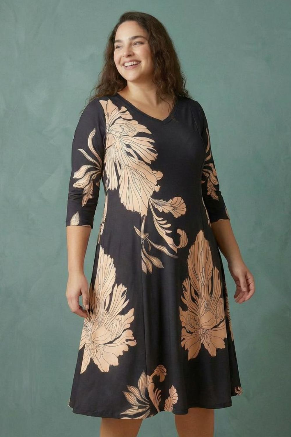 Plus Size Plus Size Black Tropical Print A line Dress