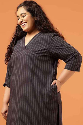 Plus Size Black Pinstripe Cotton V Neck Kurta