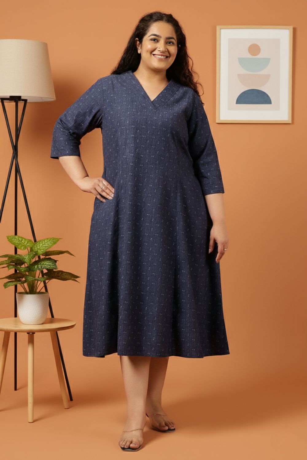 Plus Size Plus Size Navy Blue Jacquard Print Denim Midi Dress
