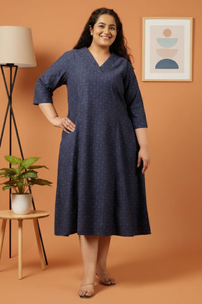 Plus Size Navy Blue Jacquard Print Denim Midi Dress