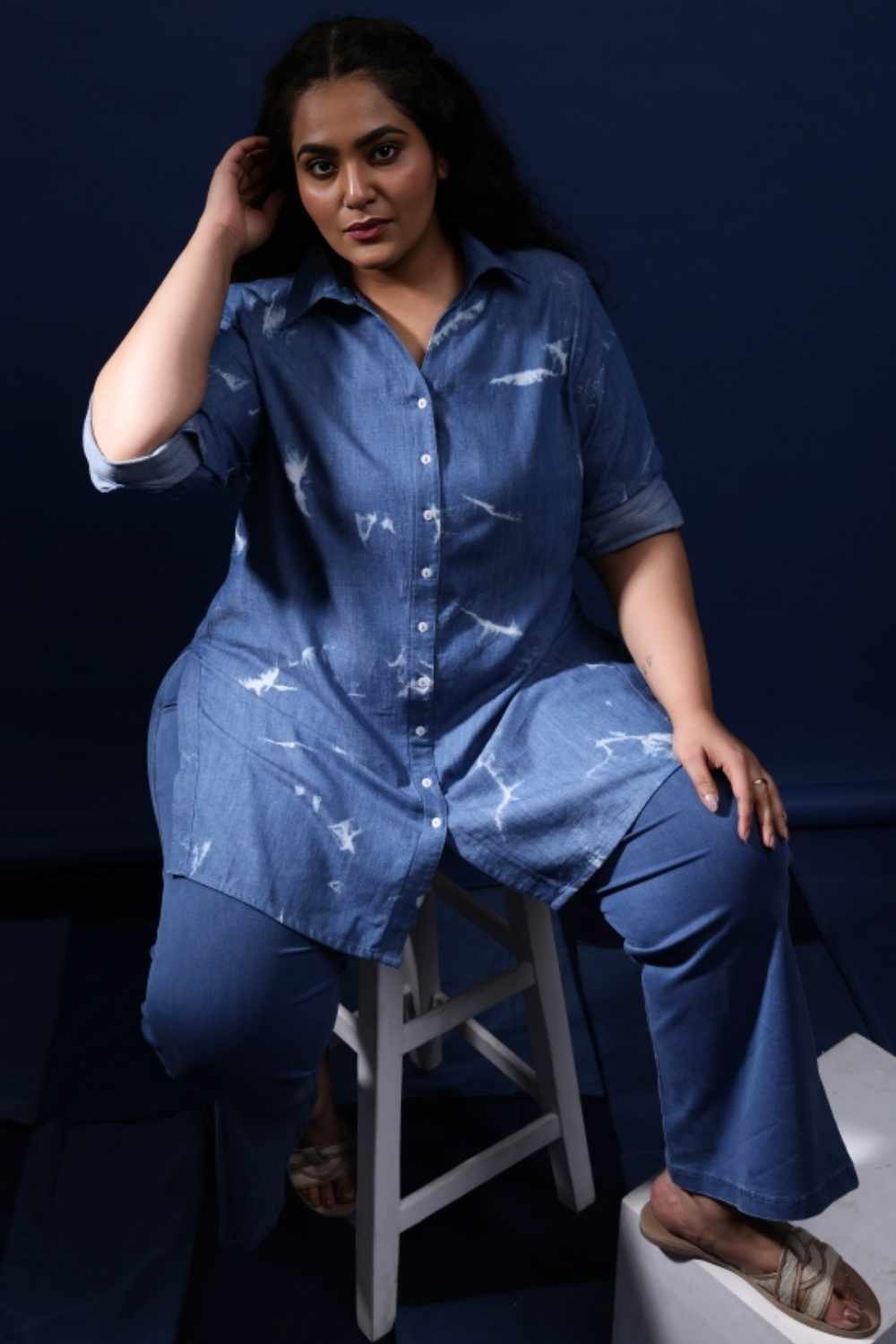 Plus Size Blue Marble Print Denim High Slit Longline Shirt