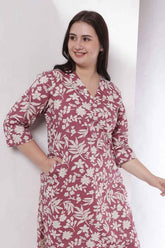 Plus Size Purple Taupe Floral Print Cotton V Neck Kurta