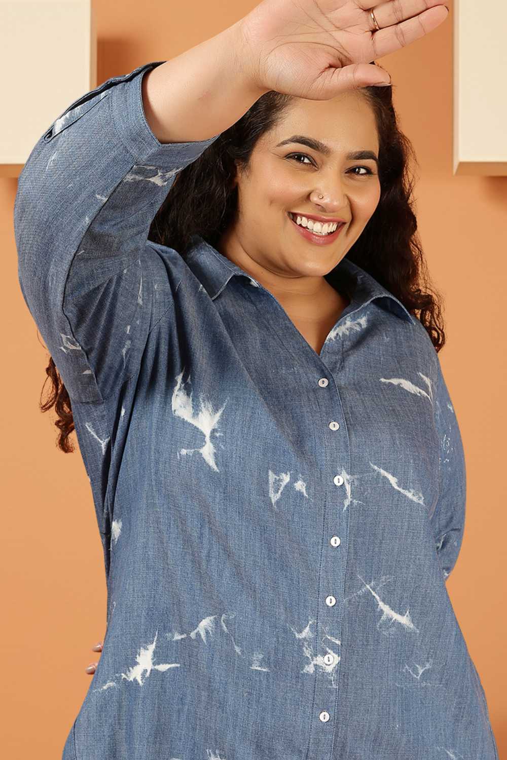 Plus Size Blue Marble Print Denim High Slit Longline Shirt for Women