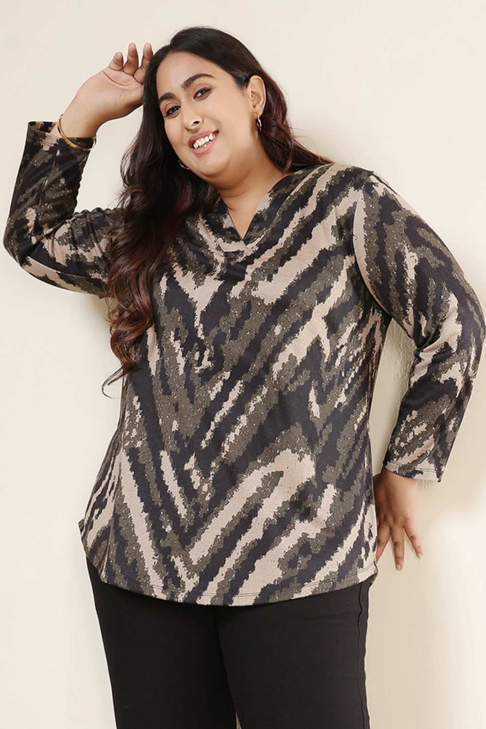 Plus Size Black & Beige Abstract SnugWeave™ V Neck Top