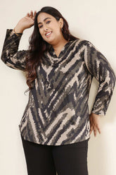 Plus Size Black & Beige Abstract SnugWeave™ V Neck Top
