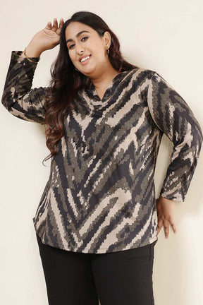 Plus Size Black & Beige Abstract SnugWeave™ V Neck Top