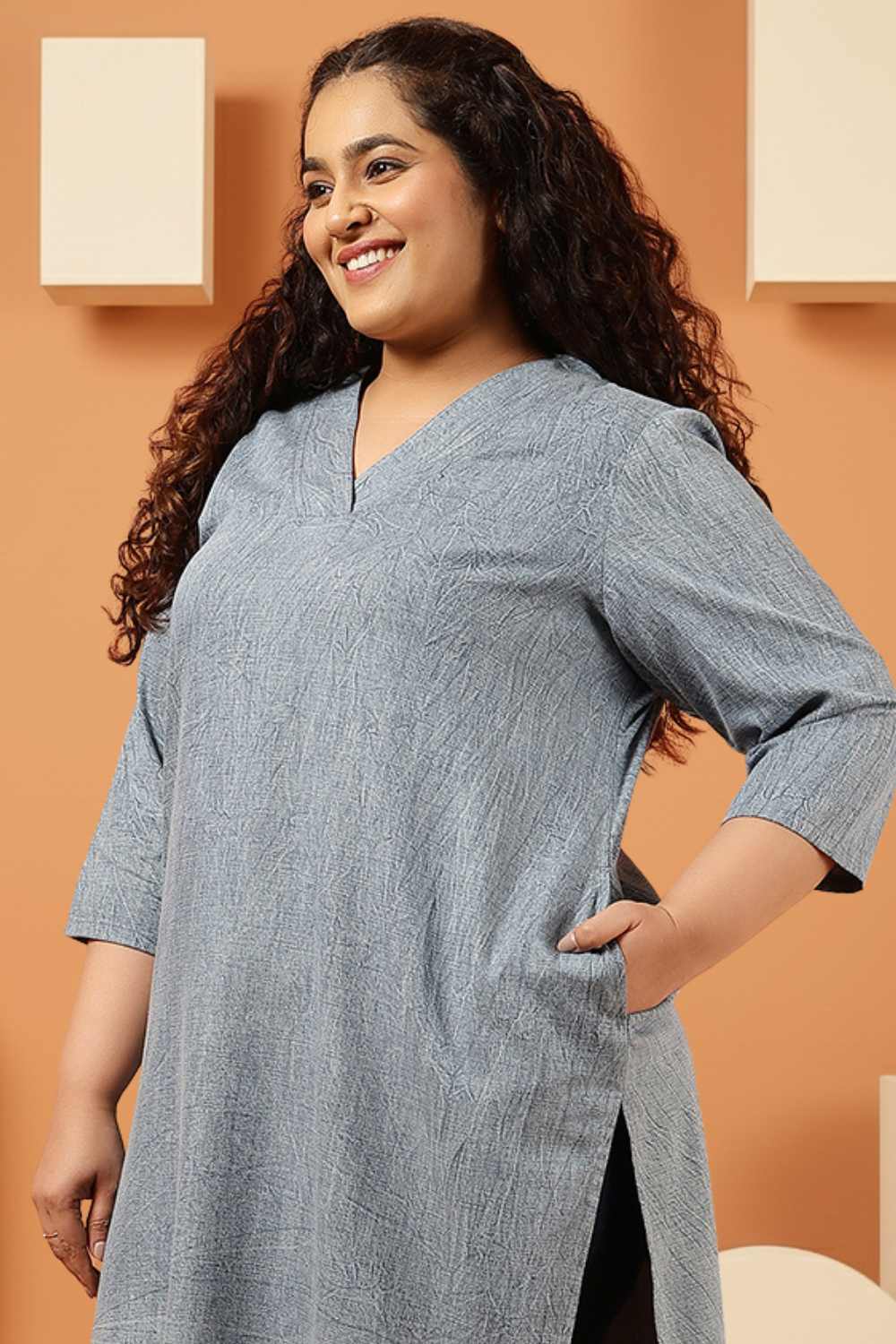 Plus Size Acid Wash Denim Cotton Kurta