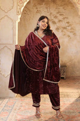 Plus Size Purple Print Velvet V Neck Suit Set