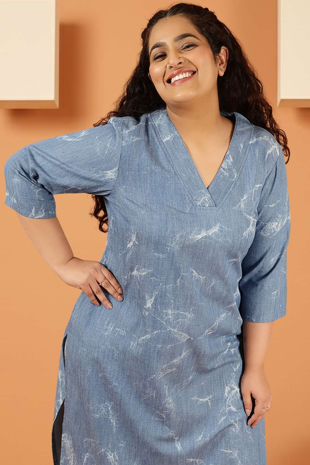 Plus Size Denim Cotton V Neck Kurta Marble Wash