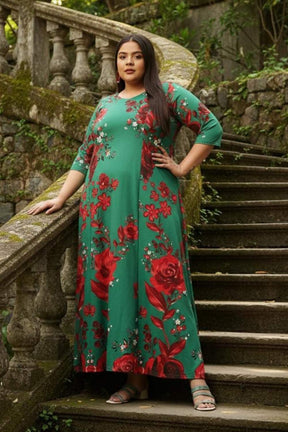Plus Size Ditsy Green Red Floral Dress