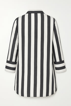 Plus Size Bold Stripe High Slit Styled Cuff Cotton Shirt