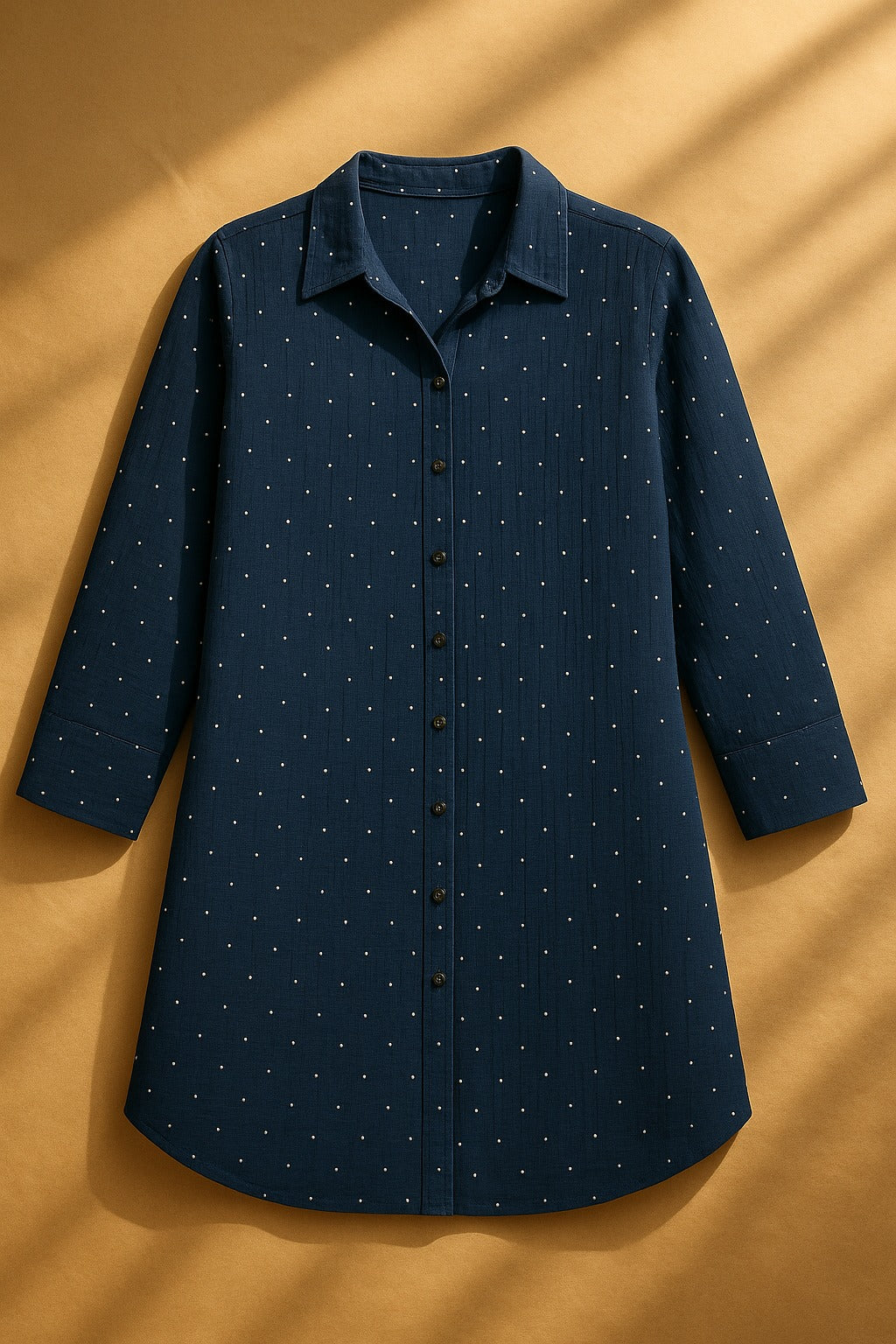 Plus Size Navy Blue Dobby Weave High Slit Styled Cuff Cotton Shirt