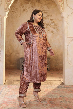Plus Size Mocha Brown Print Velvet Suit Set