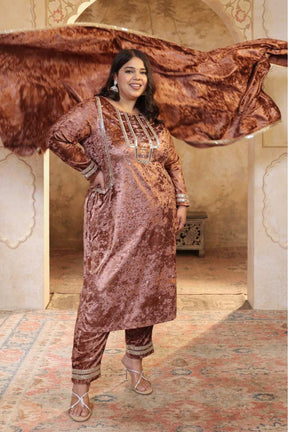 Plus Size Mocha Brown Print Velvet Suit Set