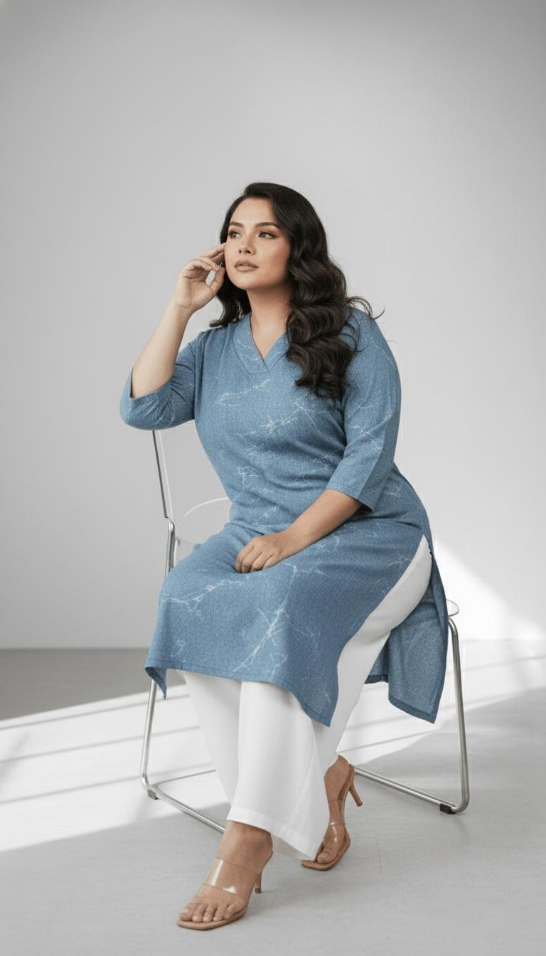 Plus Size Denim Cotton V Neck Kurta Marble Wash