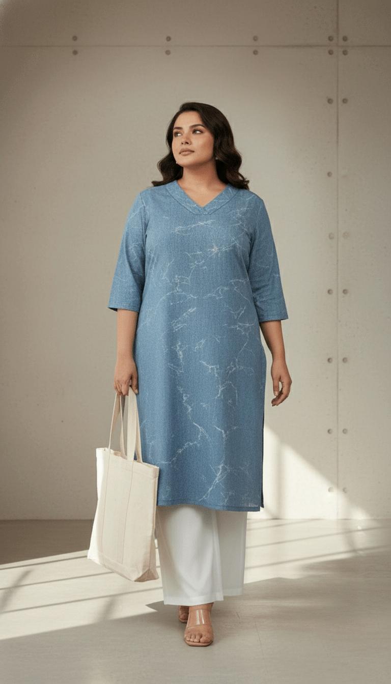 Plus Size Denim Cotton V Neck Kurta Marble Wash