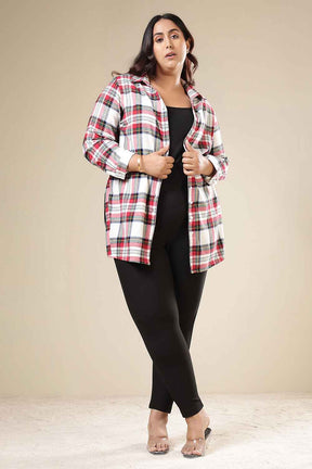 Plus Size Red & White Checkered Cotton Flannel Longline Shirt