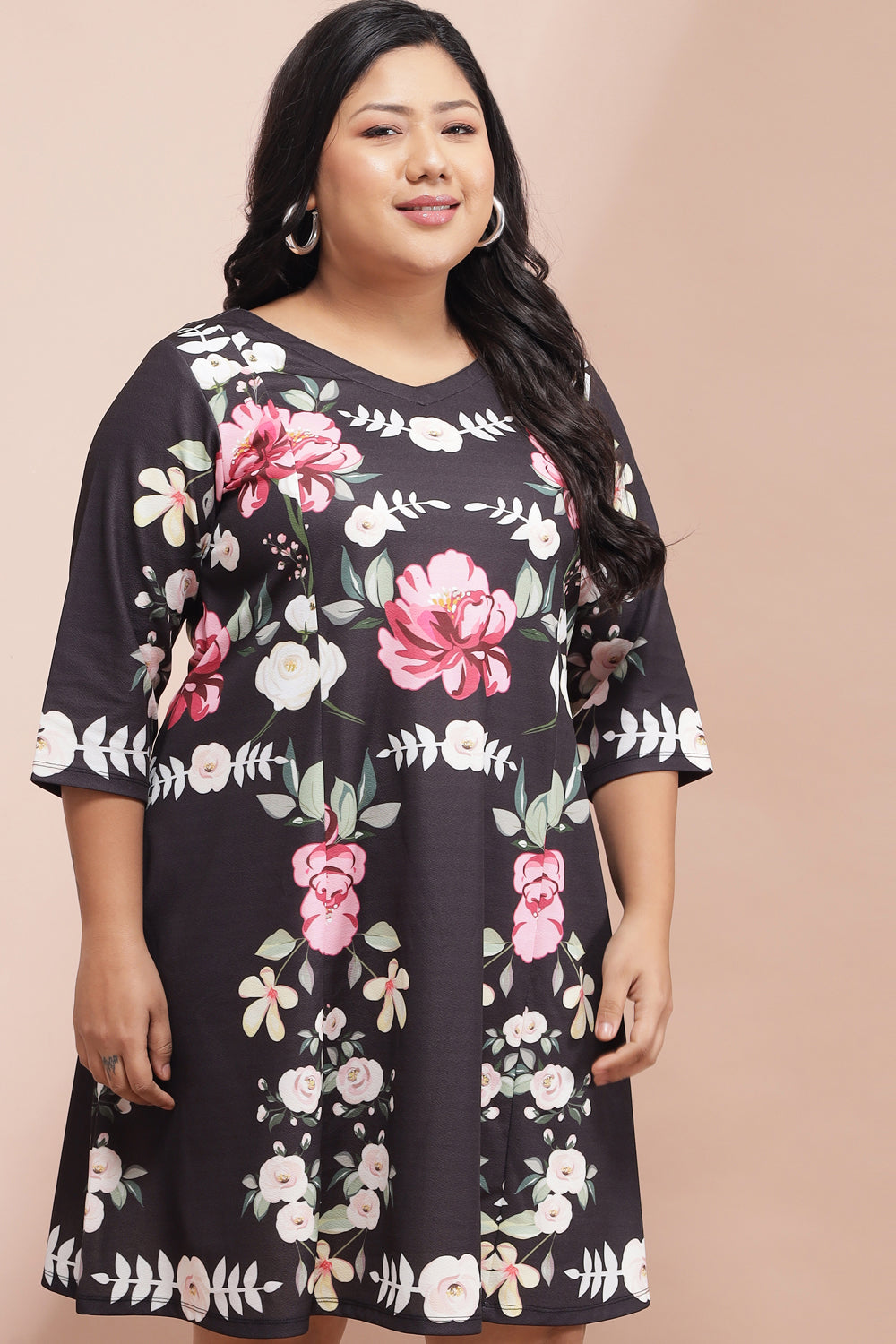 Black Bright Floral Printed Dress for Women