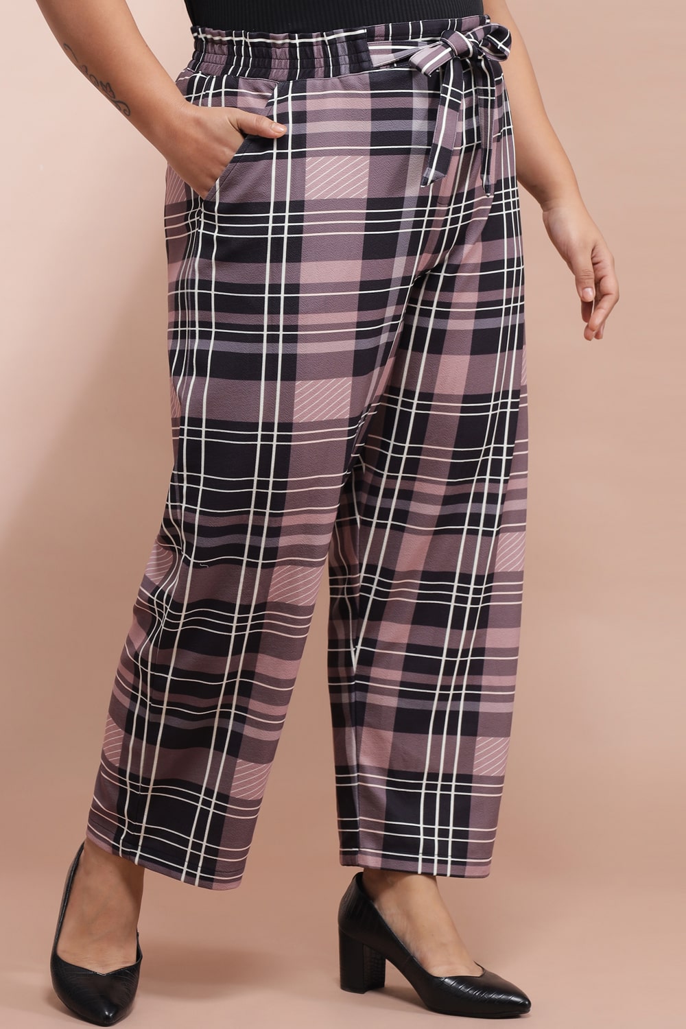 Dusty Pink Black Checkered Pants for Women