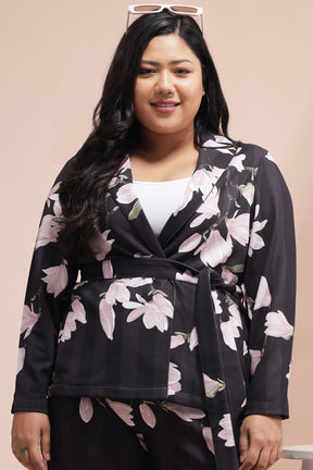 Amydus Black Floral Striped Large Size Blazer