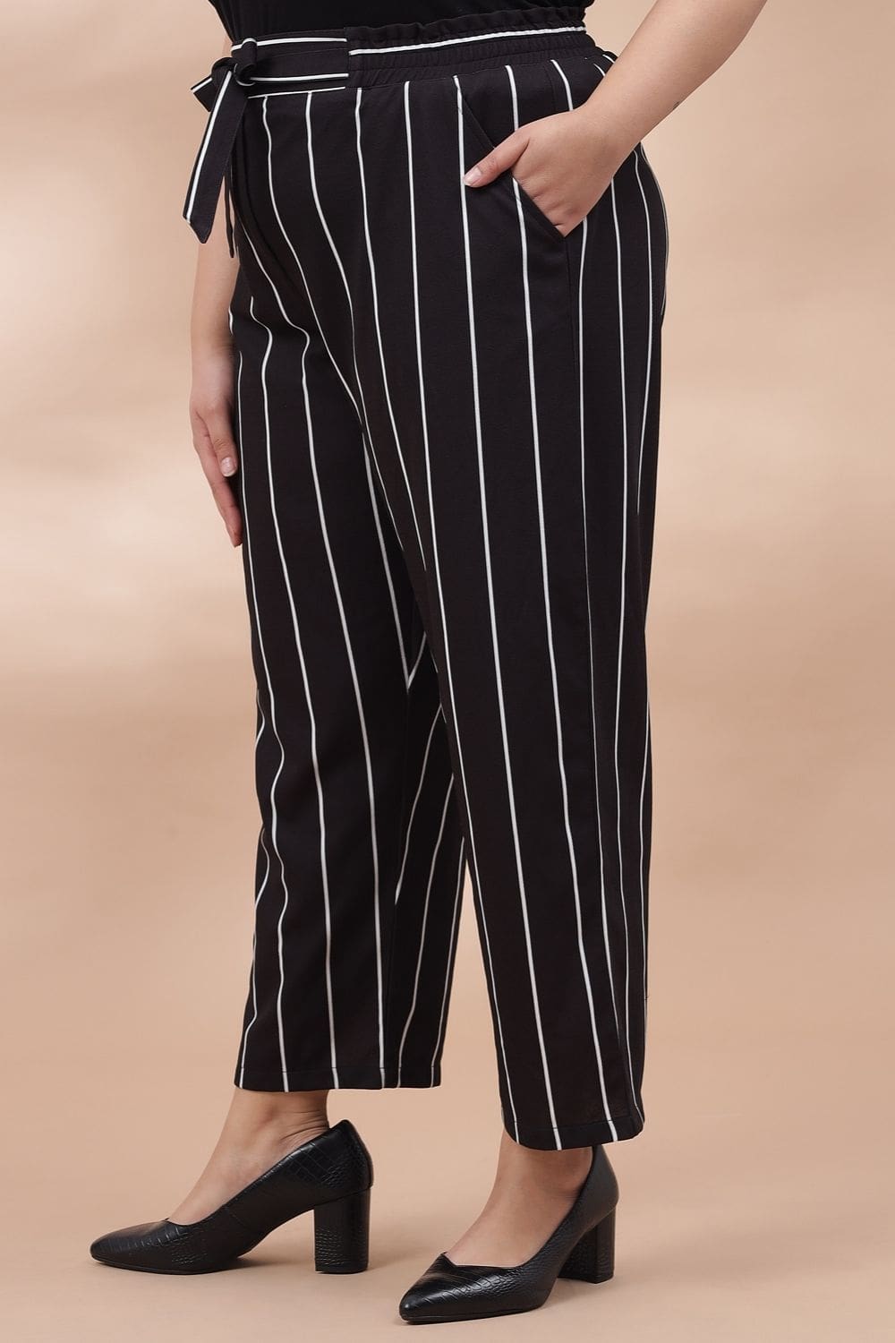 Women Striped Relaxed Flared Wrinkle Free Cotton Trousers  BITTERLIME