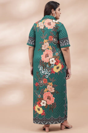 Green Floral Print Long Dress With Side Slit