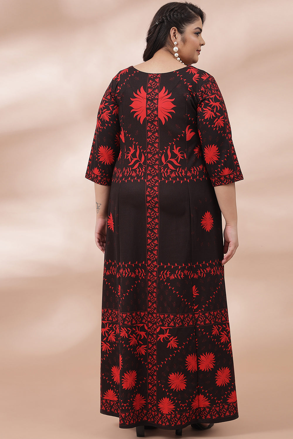 Black Red Ornate Printed Long Dress