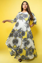 Amydus Yellow Bay Floral Printed Long Plus Size Dress