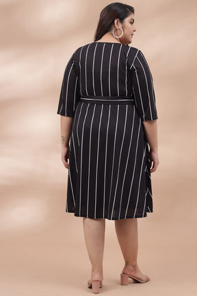 Black White Stripe True Wrap Midi Dress