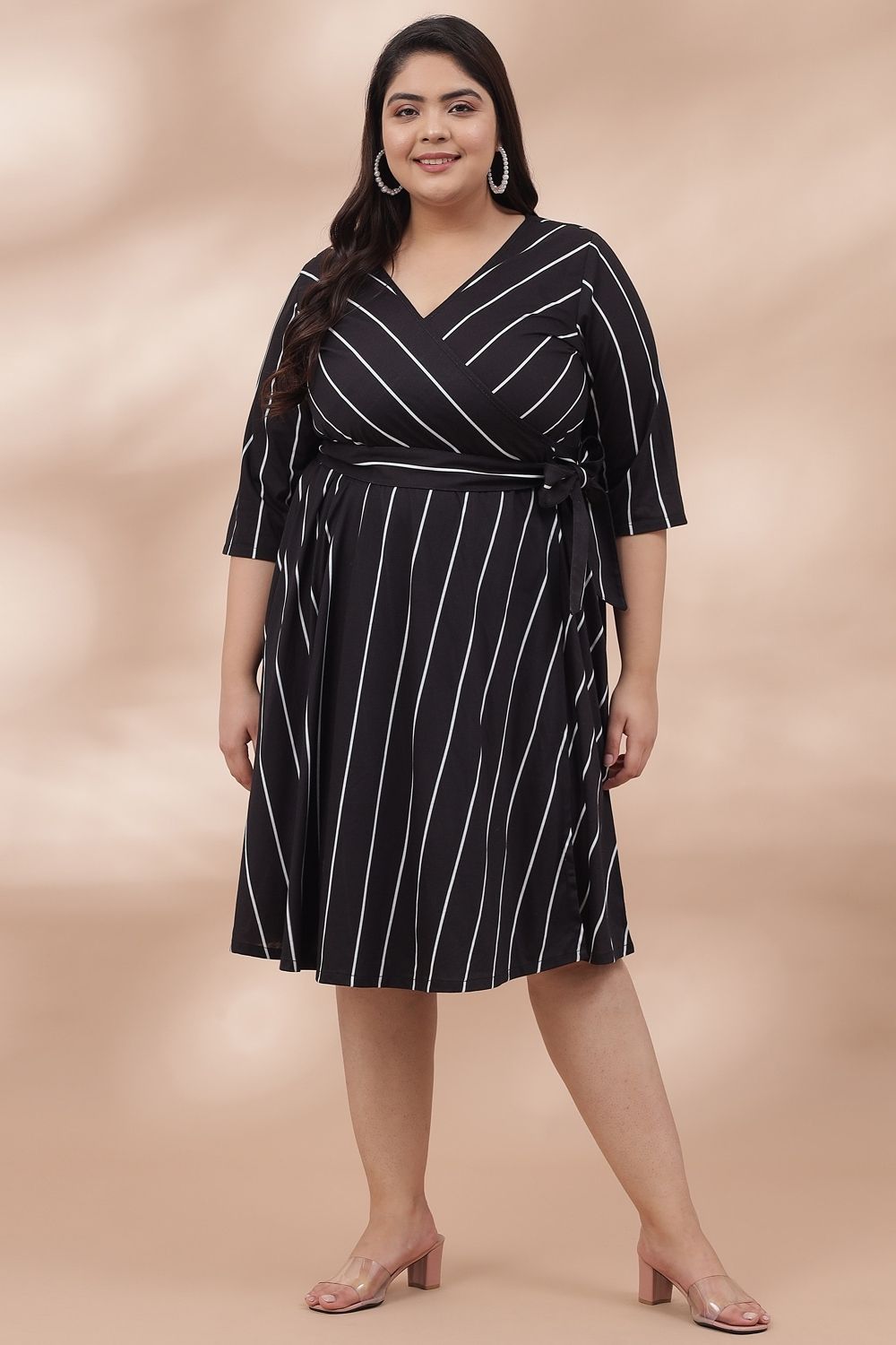 Comfortable Black White Stripe True Wrap Midi Dress