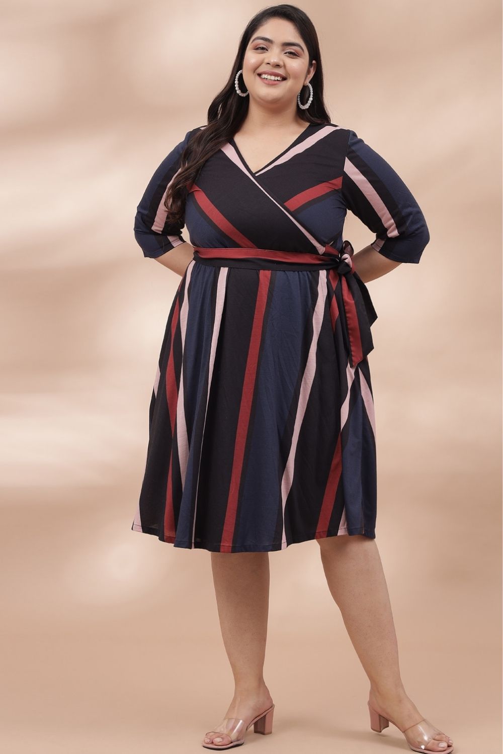 Navy Red Bold Stripes True Wrap Dress for Women