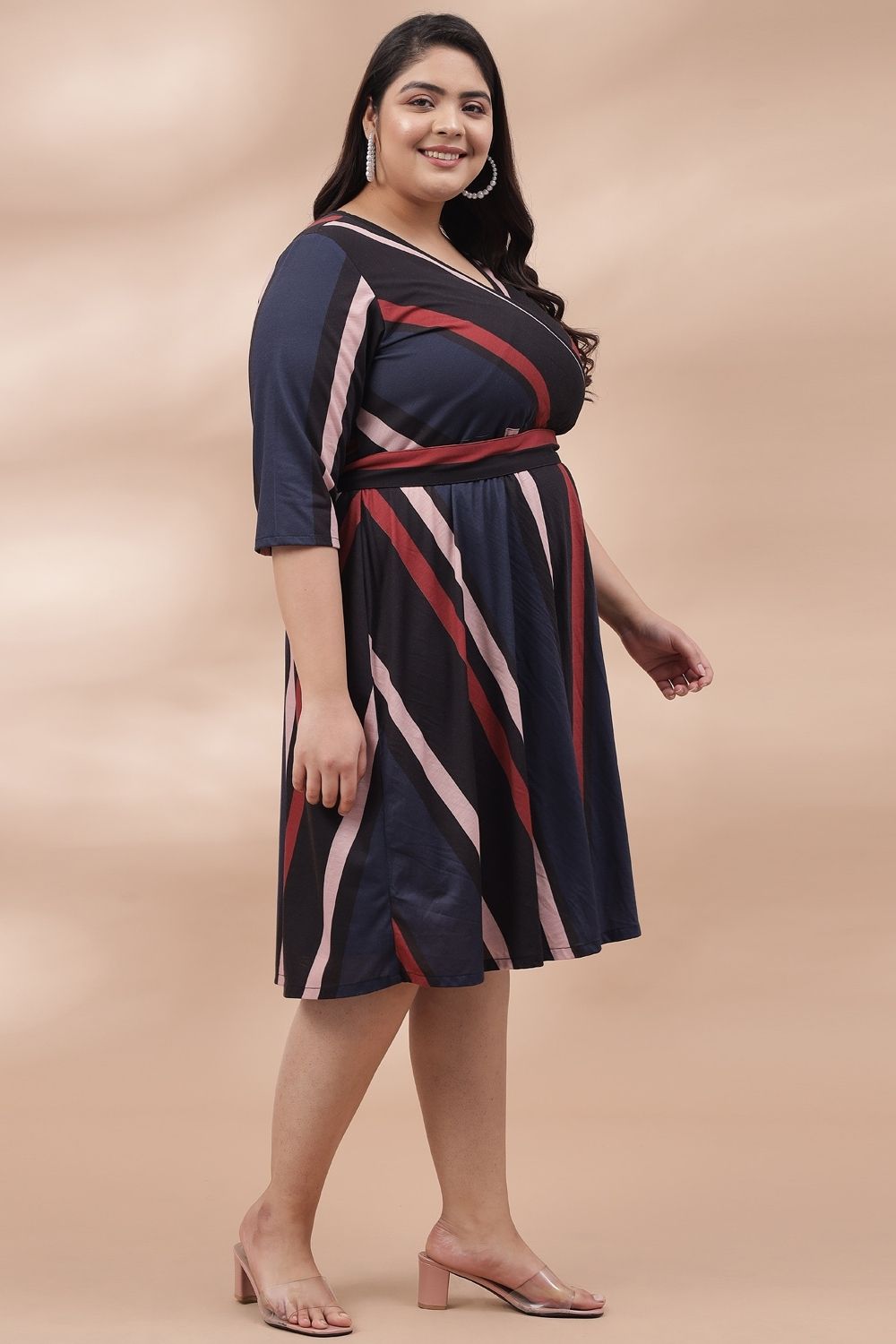 Comfortable Navy Red Bold Stripes True Wrap Dress