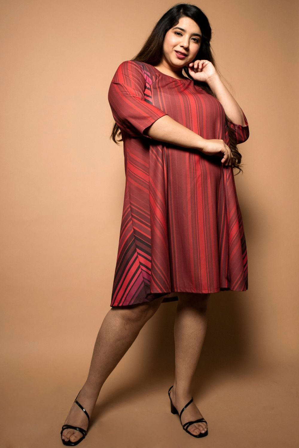 Amydus Maroon Stripes Fit Big Size Flare Dress