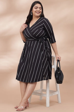 Black White Stripe True Wrap Midi Dress