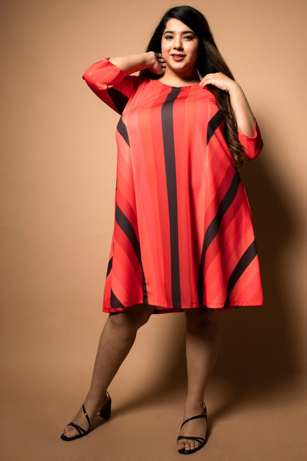 Plus Size Red Striped Fit Flare Dress