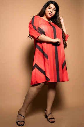 Amydus Red Striped Fit Plus Size Flare Dress