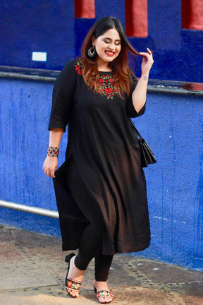 Black Neckline Floral Embroidery Kurti