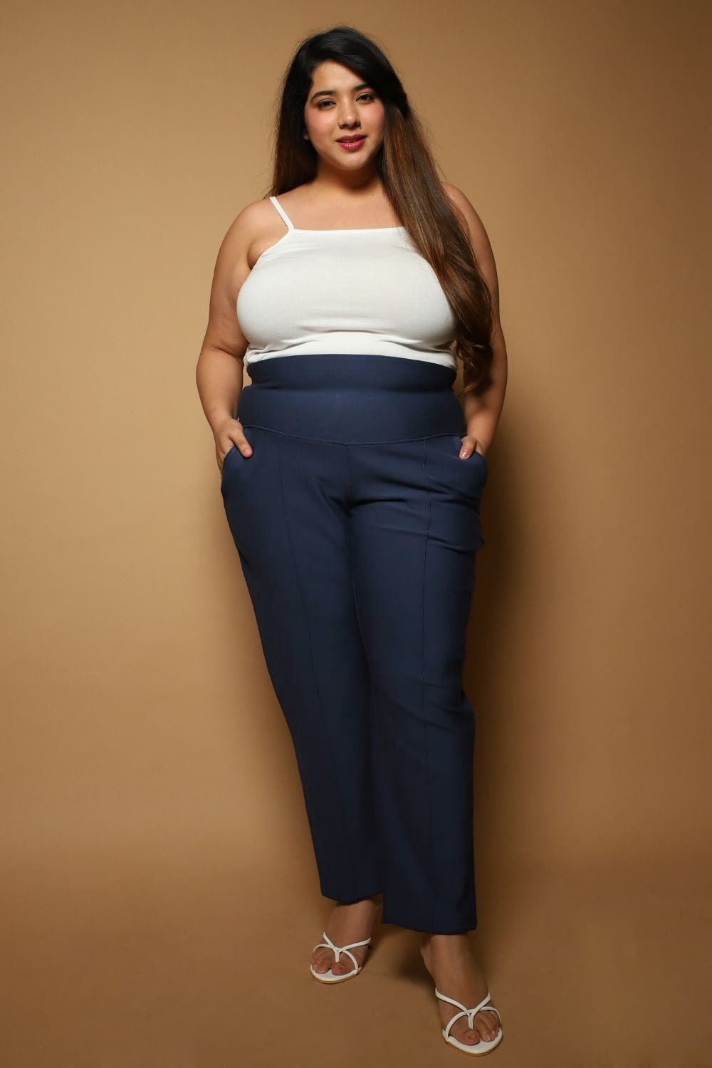 Buy Plus Size Denim Blue Crease Seam Tummy Tucker Pants Online For Women