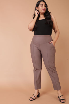 Plus Size Taupe Crease Seam Tummy Tucker Pants Online in India