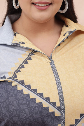 Yellow Powder Blue Printed Collared Kurti