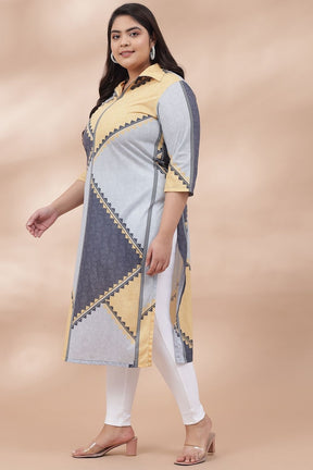 Yellow Powder Blue Printed Collared Kurti