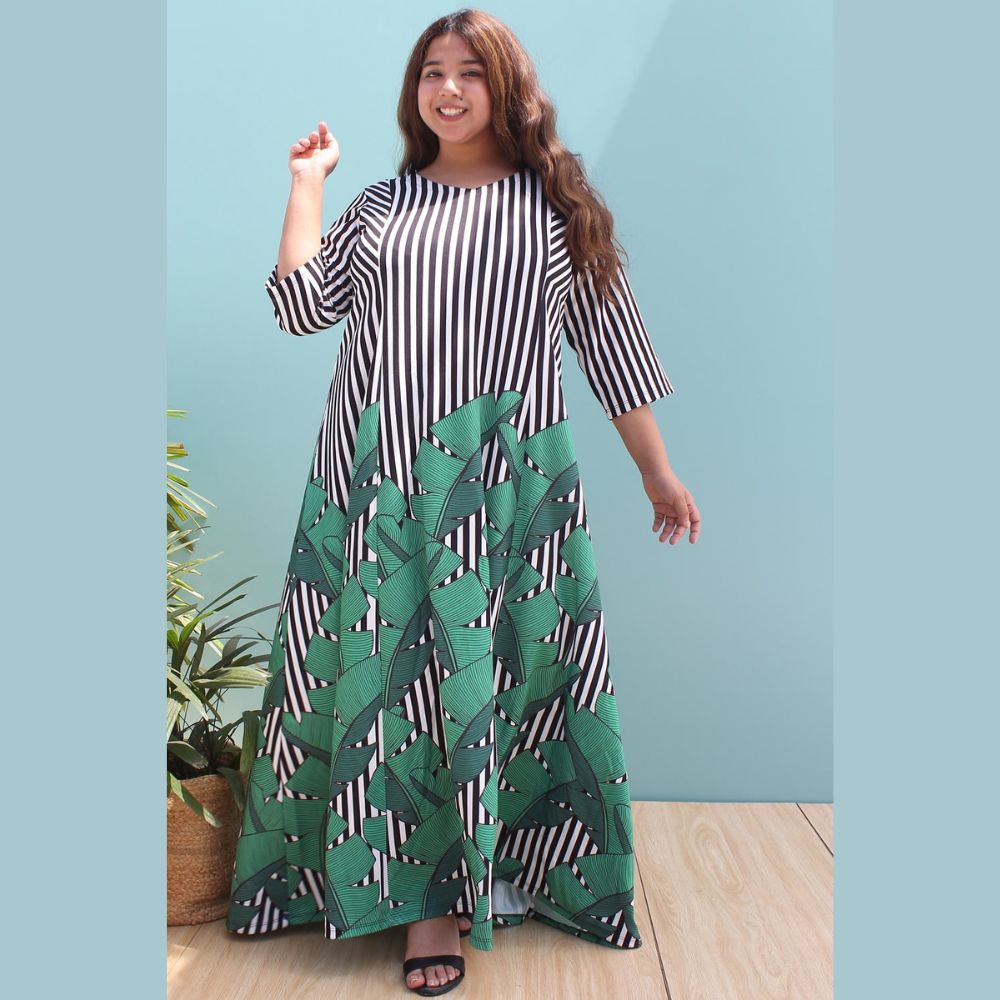 Tropical Leaf Stripe Printed Maxi Dress