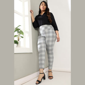 Grey Plaids Tummy Shaper Printed Pants