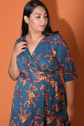 Teal Red Floral True Wrap Dress