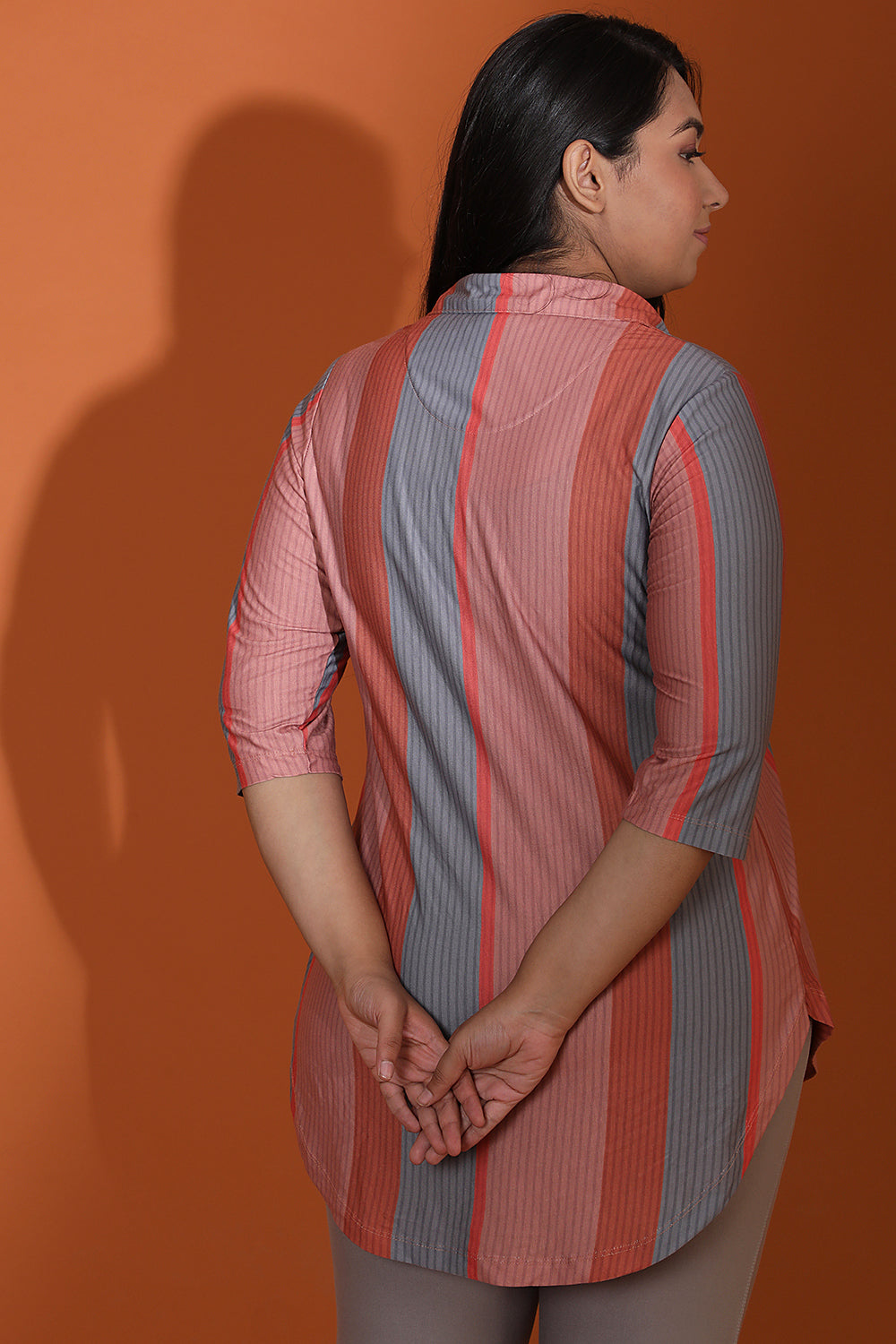 Comfortable Grey Muted Rose Stripe Centre Pleat Top