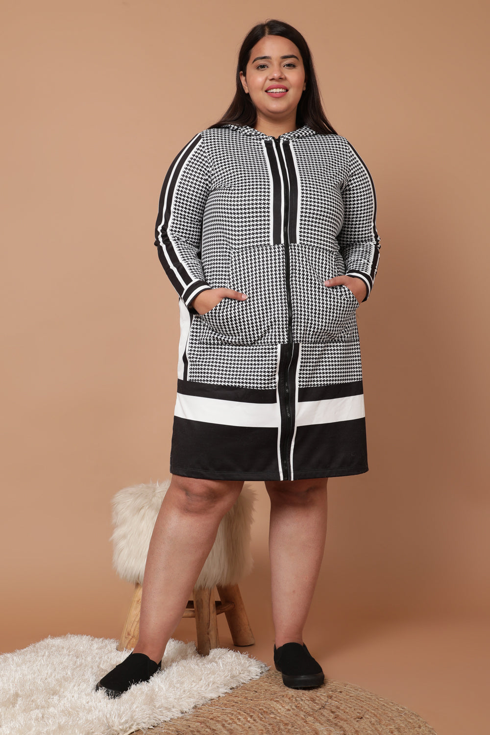 Plus Size Houndstooth Jacket Dress for Women